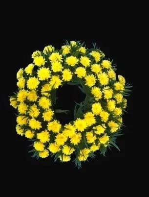 O coroană circulară formată din flori de gălbenele galbene strălucitoare cu frunze verzi